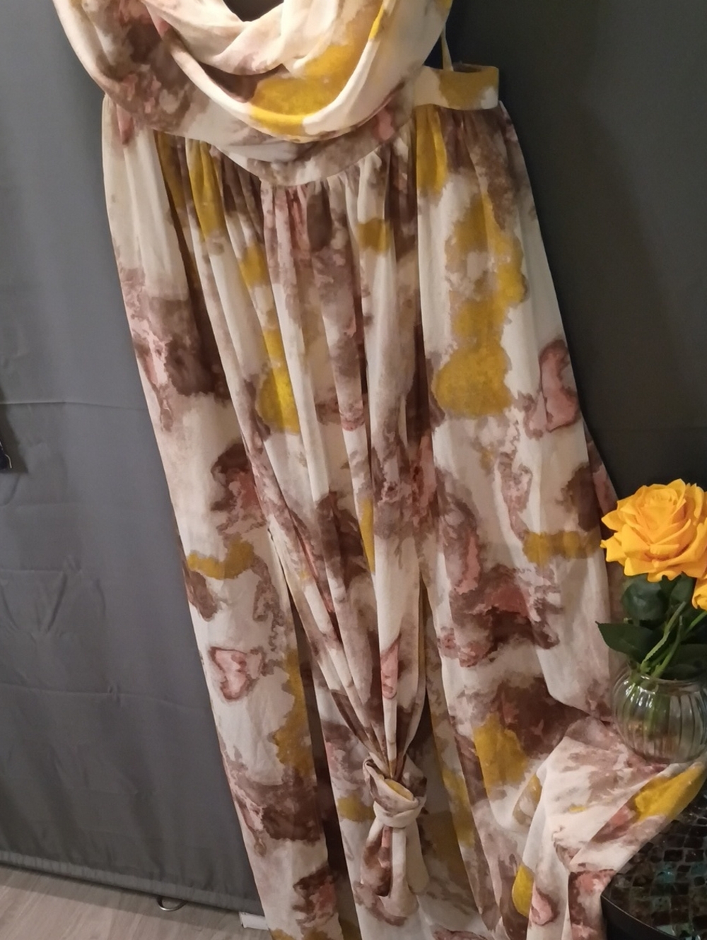 Fashion Nova Strapless Maxi Dress - Cream, Mustard & Brown Watercolor Print